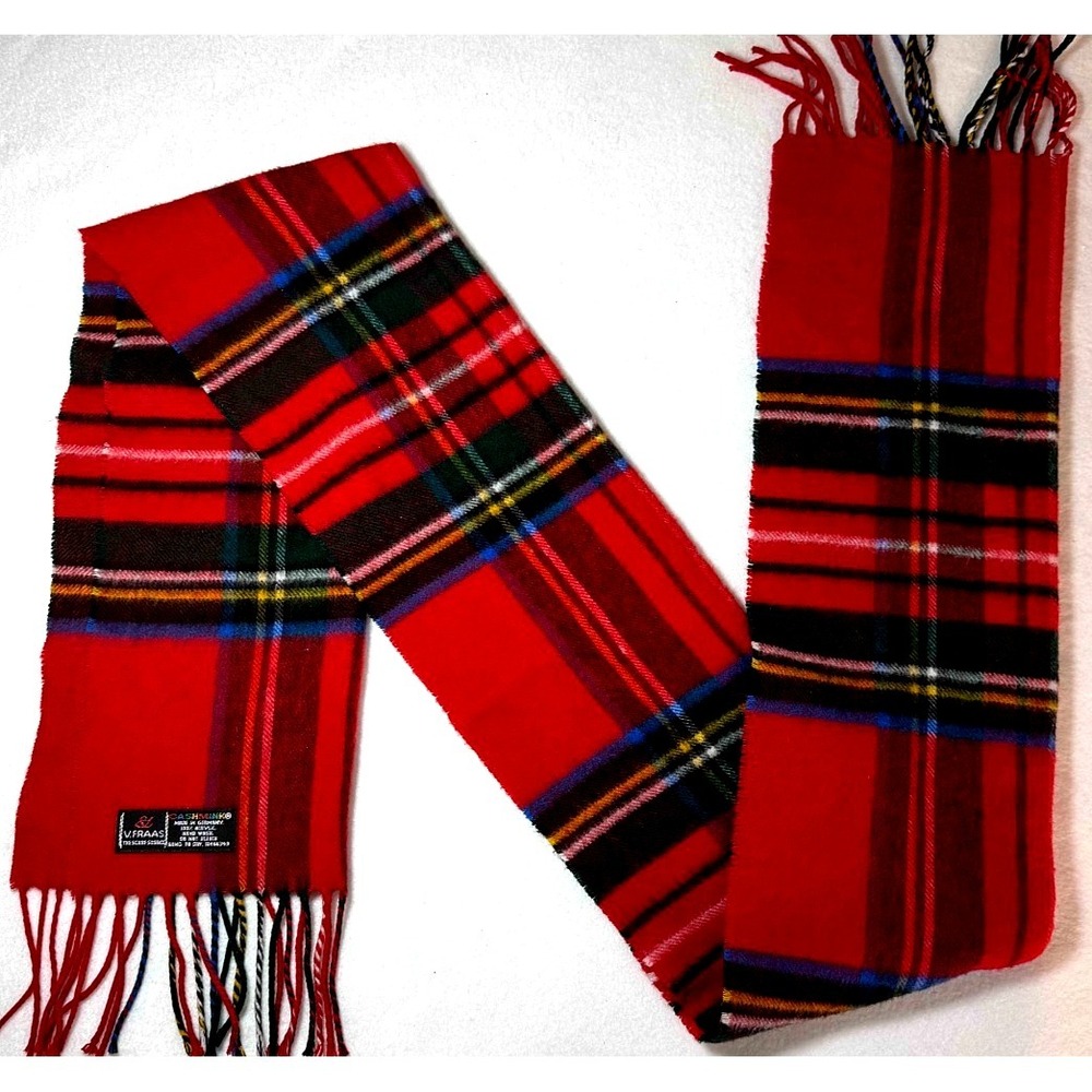 V Fraas Cashmink Scarf Red Tartan Plaid Made in West Germany Fringe Soft Vintage